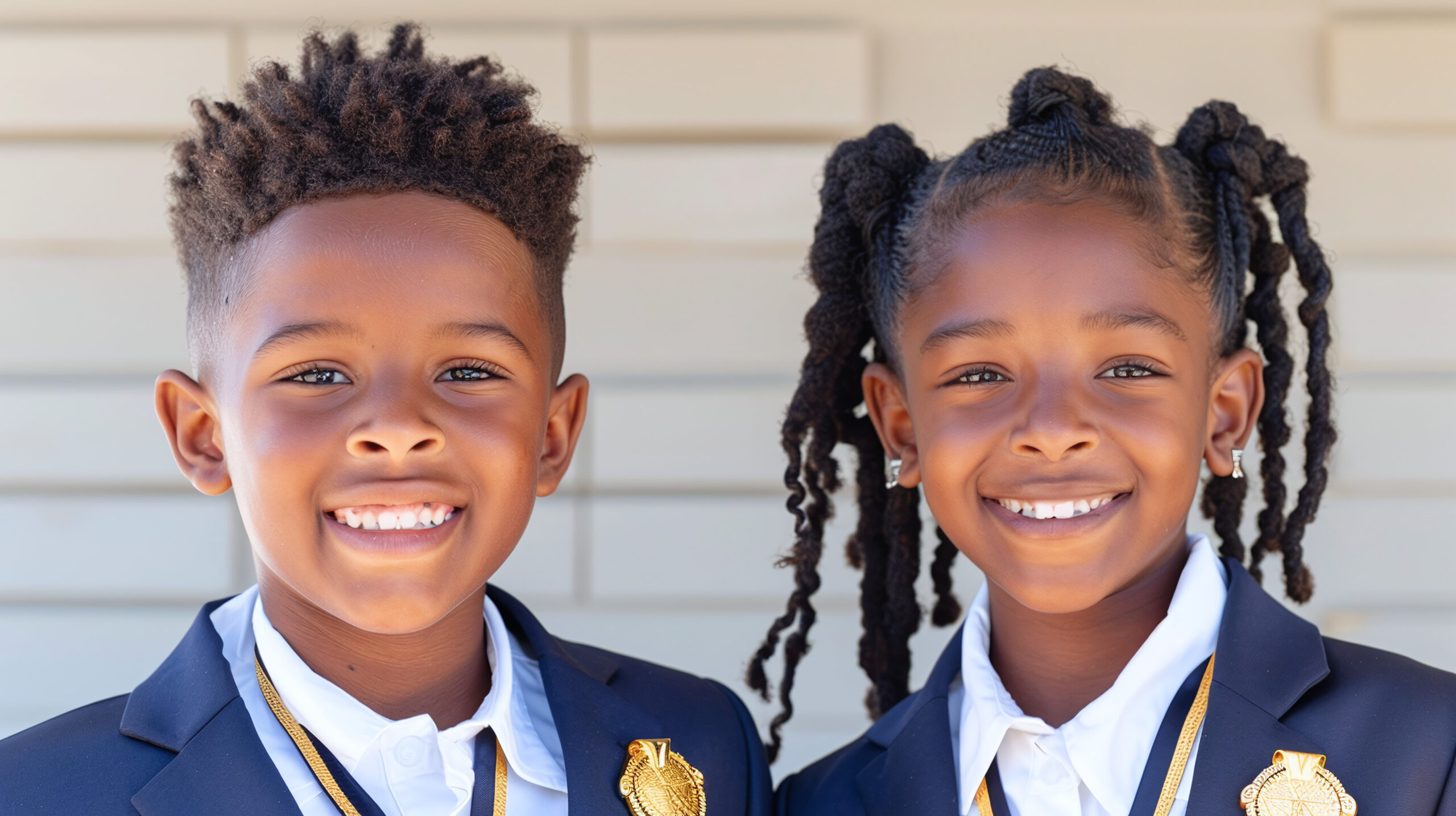 Two private school students in navy blazers and gold medallions smiling