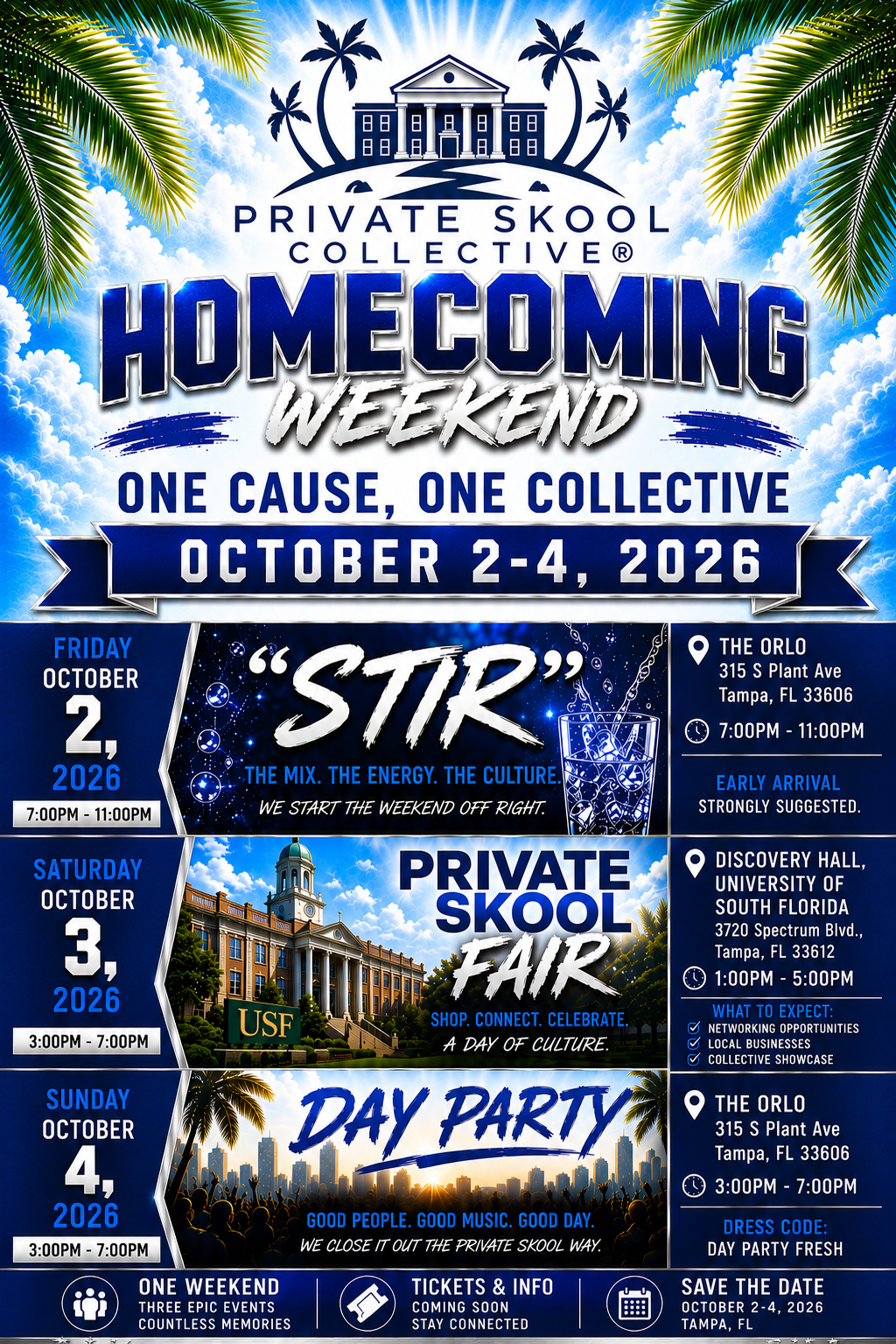 Private Skool Collective Homecoming Weekend, October 2–4, 2026 — Friday STIR, Saturday Private Skool Fair, Sunday Day Party